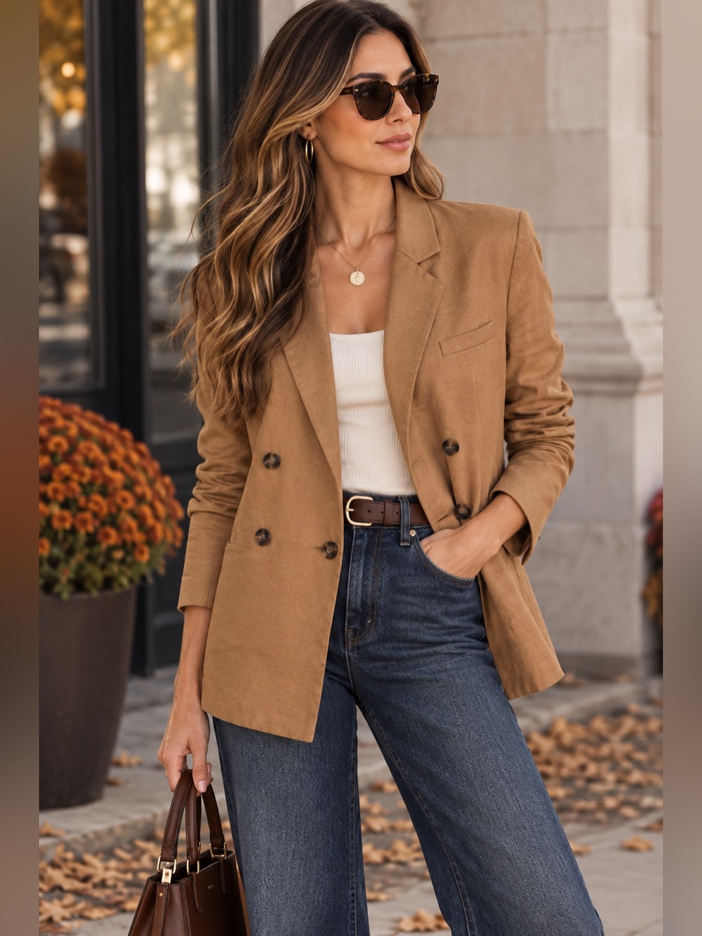Anthropologie Maeve Sz 2 Camel Linen Blend Oversized Double Breasted Blazer